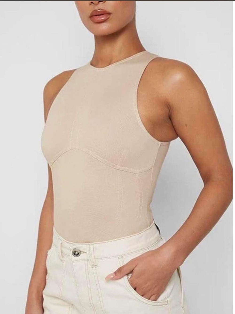 Maniere De Voir Contour Piping Sleeveless High-Neck Beige Tank Bodysuit Size 6